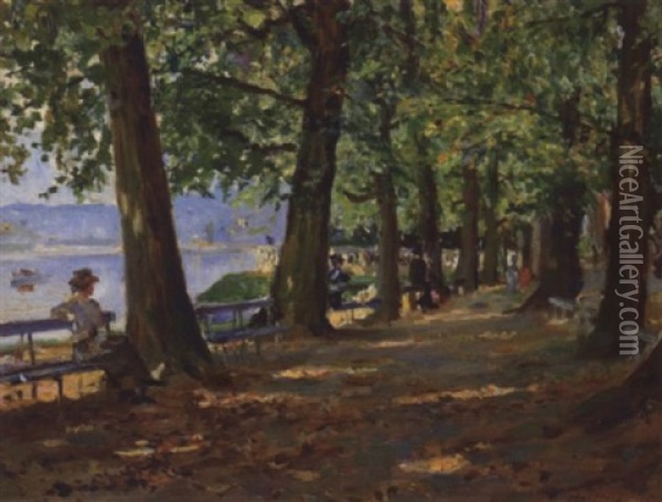 Promenade En Bord De Seine Oil Painting - Georges Jules Ernest Binet