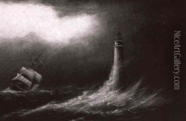 Sloop And Lighthouse During A Winter Storm Oil Painting - Clement Drew