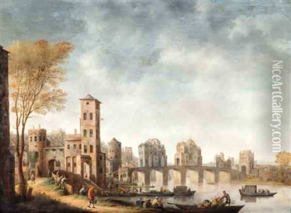 Stadsgezicht Met Boogbrug En Vele Figuren Met Koopwaar Oil Painting - Jan Adriaensz van Staveren