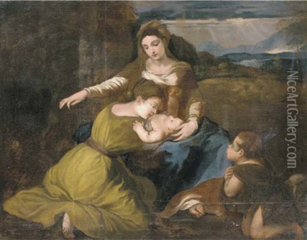 The Madonna And Child With Saint Catherine And The Infant Saint John The Baptist In A Landscape Oil Painting - Pietro da Cortona