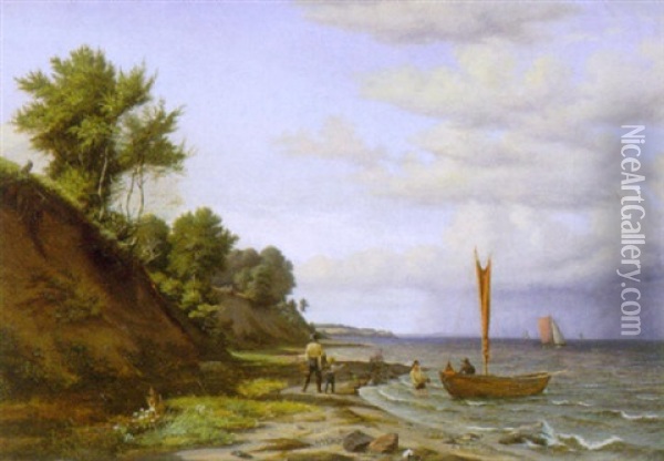 Strandparti Med Figurer, I Baggrunden Sejlskibe Pa Havet Oil Painting - Andreas Thomas Juuel