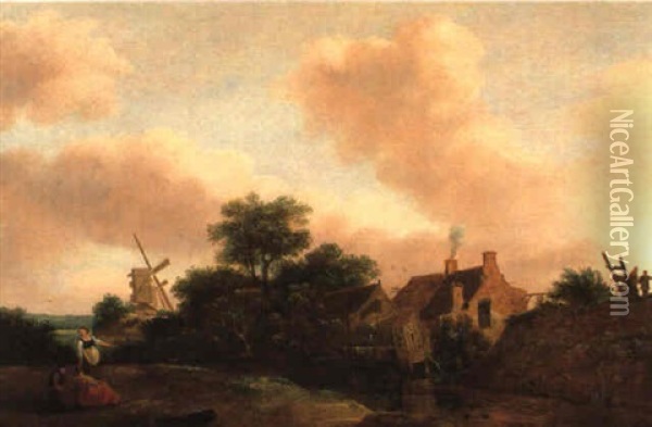 Dorf An Einem Flus Mit Einer Windmuhle Und Rastenden Oil Painting - Nicolaes Molenaer