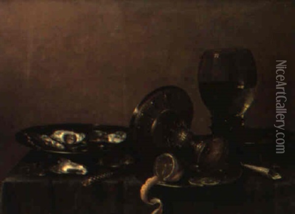 A Roemer, Tazza, Plate Of Oysters And Cut Lemon On A Draped Table Oil Painting - Willem Claesz Heda