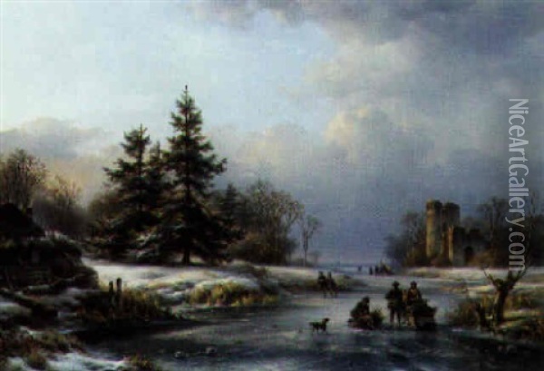 A Dutch Winter Landscape With Faggot Gatherers Oil Painting - Lodewijk Johannes Kleijn