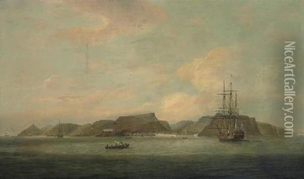 An English Frigate At Anchor Off
 The Island Of St. Helena, With A View Of Jamestown Beyond Oil Painting - Thomas Luny