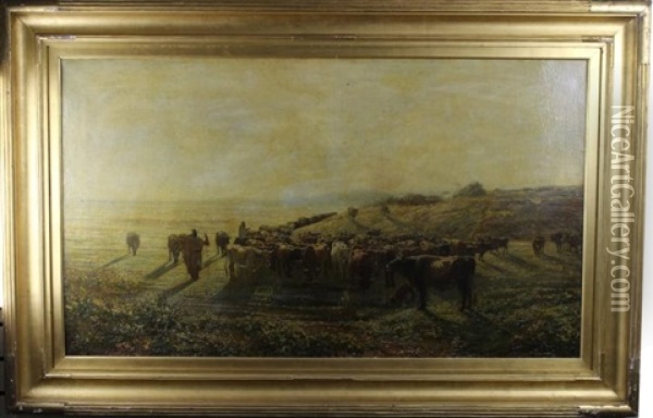 Landscape During Sunset With Orientalist Figures Leading A Group Of Cattle Oil Painting - Francois Lauret