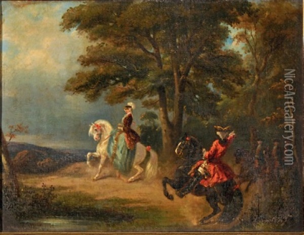 Cavaliers Et Cavaliere Dans Un Bois Oil Painting - Henri d'Ainecy Montpezat
