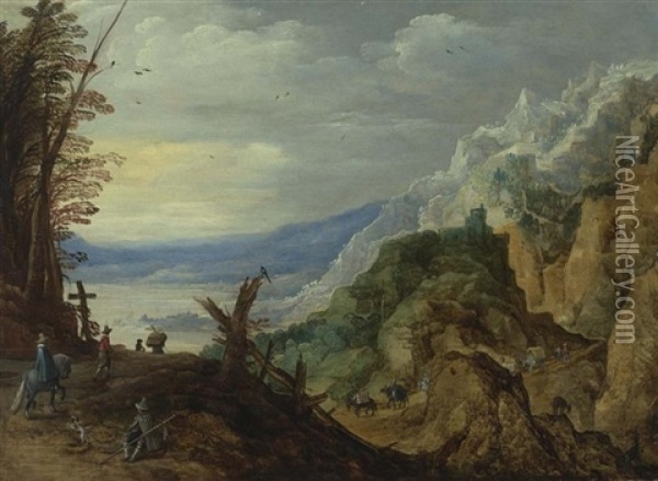 Felslandschaft Mit Reisenden Oil Painting - Philips de Momper the Elder