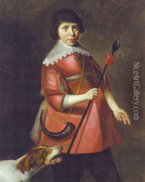 Portrait Of A Boy In A Red Jacket With A Hunting Horn Hanging Over His Sholder, Holding A Spear, A Hound At His Side Oil Painting - Dirck Dircksz van Santvoort