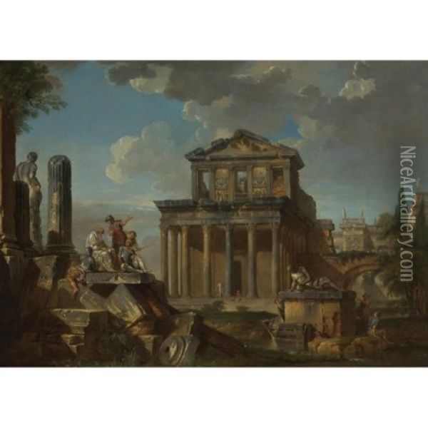 Capriccio With The Temple Of The Divine Antoninus Pius And Faustina Oil Painting - Giovanni Paolo Panini