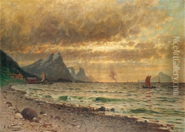 Abendstimmung An Einem Norwegischen Fjord Oil Painting - Adelsteen Normann