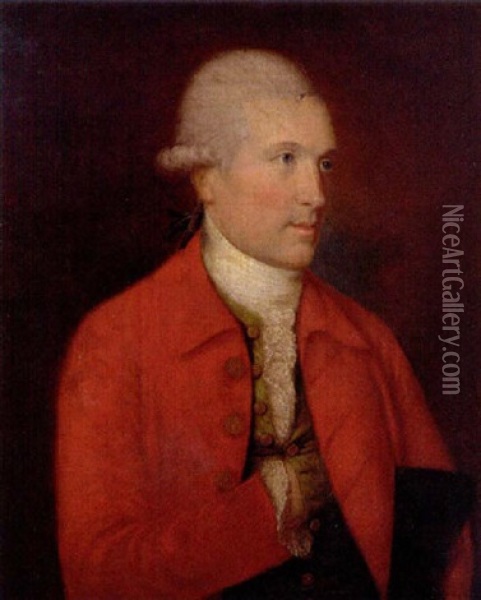 Portrait Of James Johnston In A Red Jacket, Green Waistcoat And White Cravat Oil Painting - John Thomas (Seaton) Seton