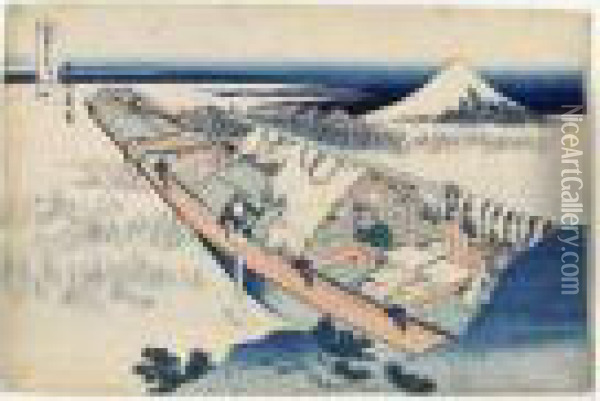 Joshu Ushibori. Le Fuji Vu D'un Bateau A Ushibori Dans La Province D'hitachi Oil Painting - Katsushika Hokusai