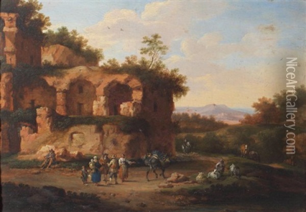 Paysans Sur Le Chemin En Bordure De Ruines Oil Painting - Adriaen Frans Boudewyns the Elder
