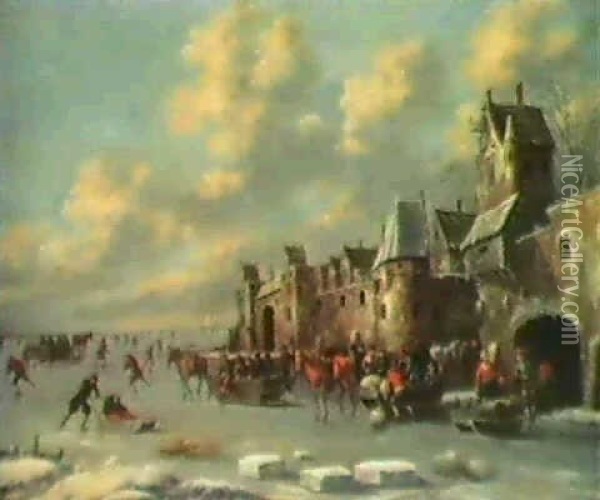 A Winter Landscape With Figures Ridibng In Horsedrawn       Sledges Across A Frozen River... Oil Painting - Thomas Heeremans