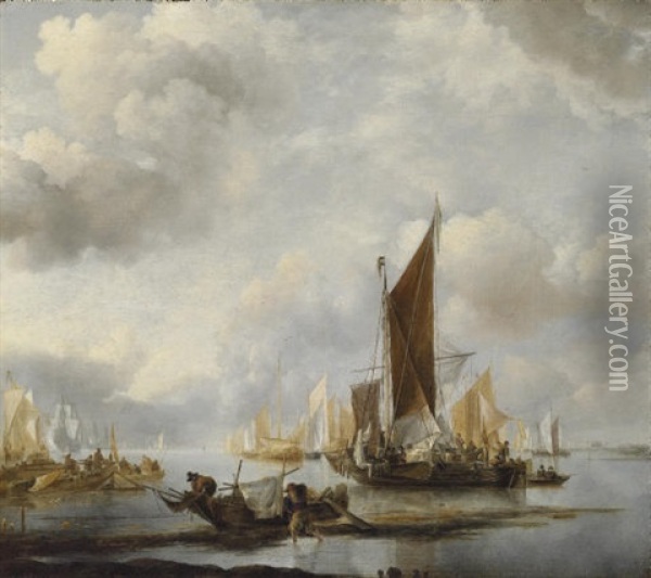 A Calm Sea With Ships Near The Shore Oil Painting - Jan Van De Cappelle