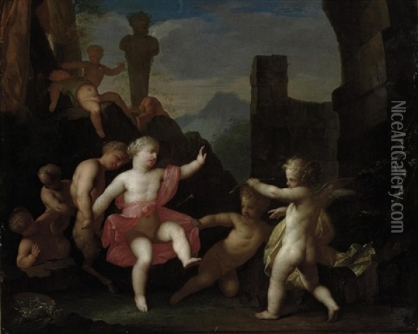 A Bacchanal Of Putti And Infant Fauns, With Cupid Shooting An Arrow At A Young Girl Oil Painting - Matthaeus (Arent) Terwesten