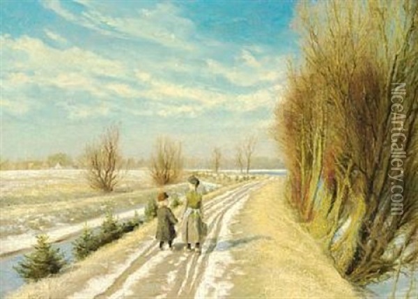 Two Children On A Road With Melting Snow, Early Spring Oil Painting - Laurits Andersen Ring