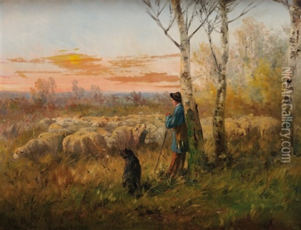 Gardien Et Ses Moutons Oil Painting - Leon Georges Calves
