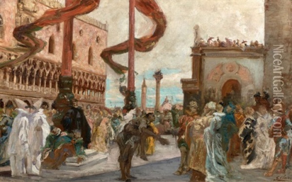 Venise, Scene De Carnaval Sur La Piazzetta Oil Painting - Georges Jules Victor Clairin