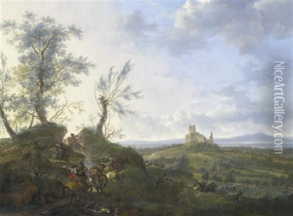 Weite Landschaft Mit Einem Kavalleriegefecht Und Einer Burgruine Im Hintergrund Oil Painting - Frederick De Moucheron