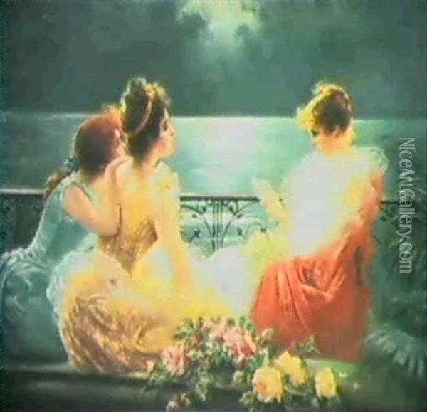 On A Moonlit Balcony Oil Painting - Vittorio Matteo Corcos