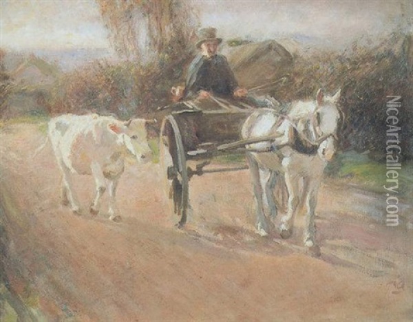 Horse And Trap With Driver Leading A Cow Along A Track Oil Painting - Harry Fidler