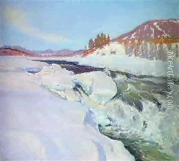 Brusande Fors I Vinterlandskap Oil Painting - Anton Genberg