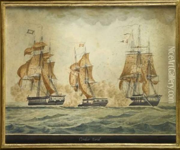 Un Combat Naval Oil Painting - Etienne Gombert