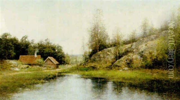 Landskap Med Insjovik Oil Painting - Johan Severin Nilsson