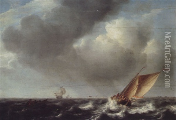 A Smalschip, Fishermen's Boat And Other Vessels On Choppy Seas Oil Painting - Julius Porcellis