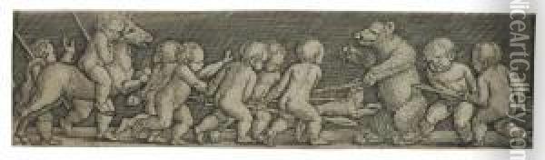 Frieze With Putti On A Bear Hunt Oil Painting - Heinrich Aldegrever