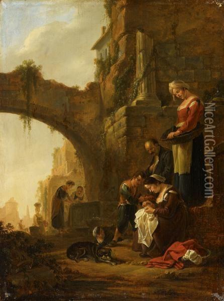 Italian Landscape With Ruins And Archway Oil Painting - Thomas Wyck