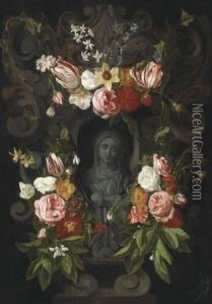 A Cartouche Of The Virgin With A Floral Surround Oil Painting - Daniel Seghers