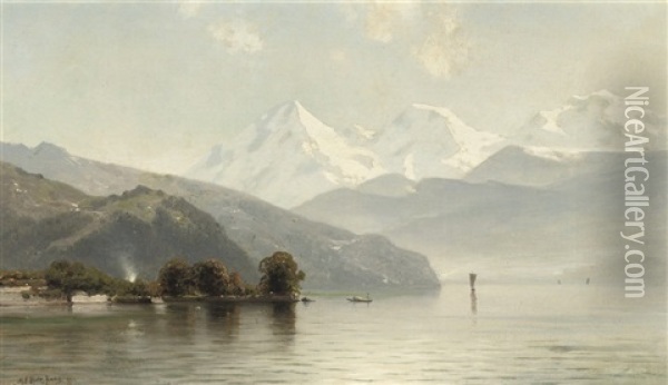 A Quiet Day On The Lake With Snowy Mountains Beyond Oil Painting - Mauritz Frederick Hendrick de Haas