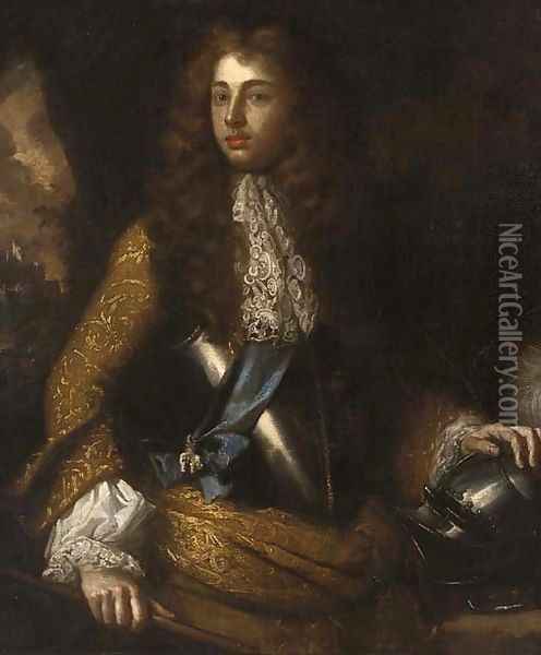 Portrait of a gentleman, three-quarter length, in a brown brocade coat and breastplate, a blue sash with the order of the white elephant Oil Painting - Sir Godfrey Kneller