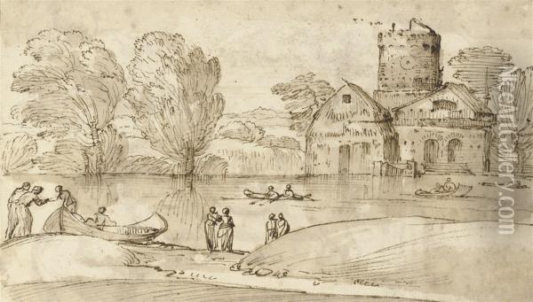 Figures And Boats Near A Fortified Farmhouse On A Lake Oil Painting - Giovanni Francesco Grimaldi