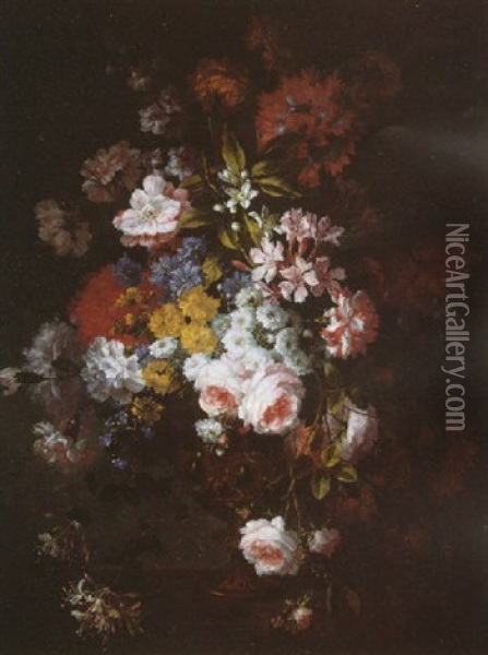 A Still Life Of Roses, Cornflowers, Orange Blossom, Honeysuckle And Other Flowers In A Moulded Bronze Vase On A Stone Ledge Oil Painting - Jean-Baptiste Monnoyer