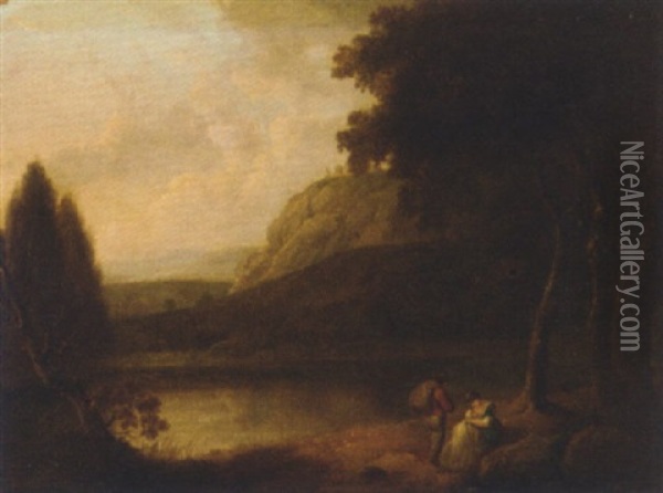 Travellers Camped On A Riverbank In An Extensive Landscape Oil Painting - John Rathbone