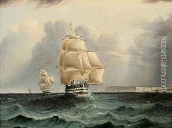 A British Ship Of The Line Leading The Blue Squadron Past Dover Oil Painting - James Edward Buttersworth