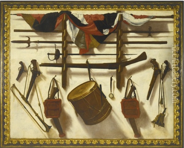 Trompe L'oeil Of A Gun Rack With A Flag, A Sword, Two Pikes, Two Muskets, A Watch, A Drum, A Trumpet And Other Objects, All Hanging Against A White Wall Oil Painting - Vicente Victoria