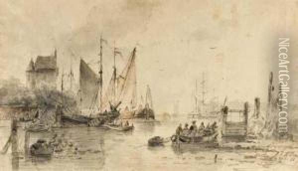 Moored Sailing Vessels Oil Painting - Josephus Gerardus Hans