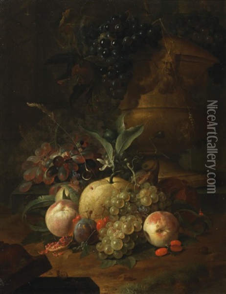 A Still Life Of Fruit In Front Of A Stone Vase Oil Painting - Coenraet (Conrad) Roepel