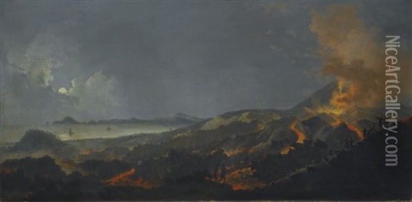 A Nocturne With A Coastal Landscape And An Erupting Volcano Oil Painting - Pierre Jacques Volaire