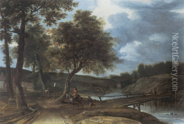 A River Landscape With Travellers On A Track And Anglers On A Bridge Oil Painting - Roelant Roghman