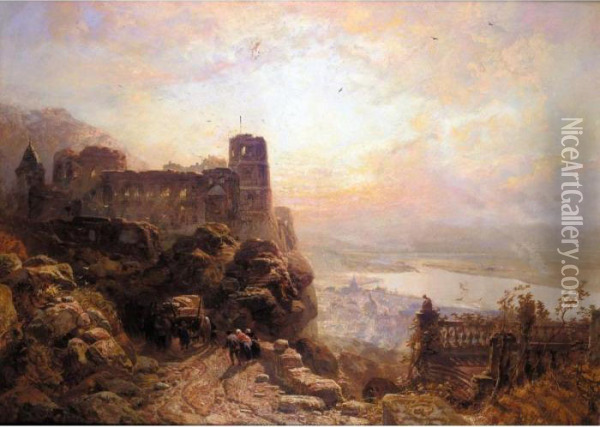 A Castle Overlooking The Rhine Oil Painting - James Webb