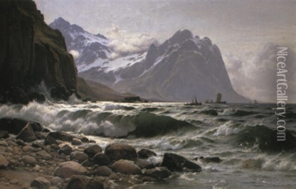 Rocky Coastline With Distant Shipping Oil Painting - Laurits Bernhard Holst