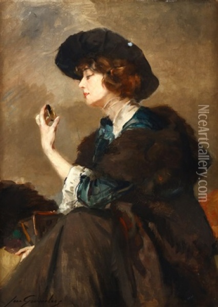 Portrait Of A Lady In Hat With Compact Oil Painting - Jean Leon Henri Gouweloos