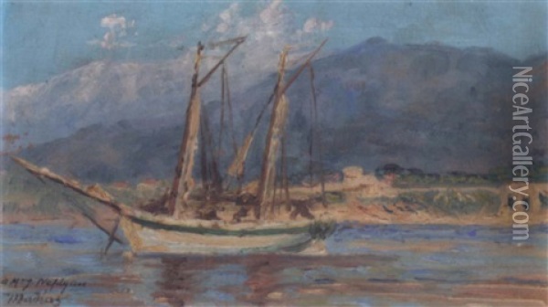 Ship In A Harbour Oil Painting - Konstantinos Maleas