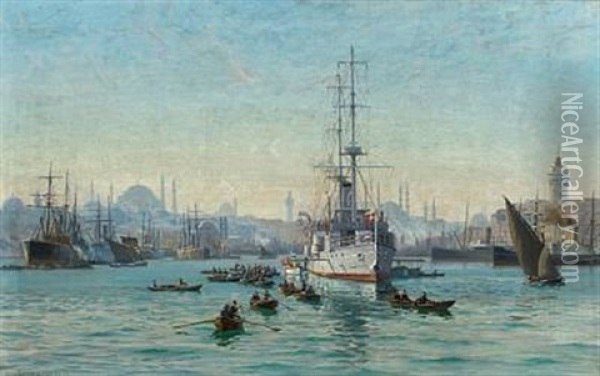 The Danish Cruiser Hejmdal In The Port Of Constantinople, On Official Visit In 1908 Oil Painting - Vilhelm Karl Ferdinand Arnesen